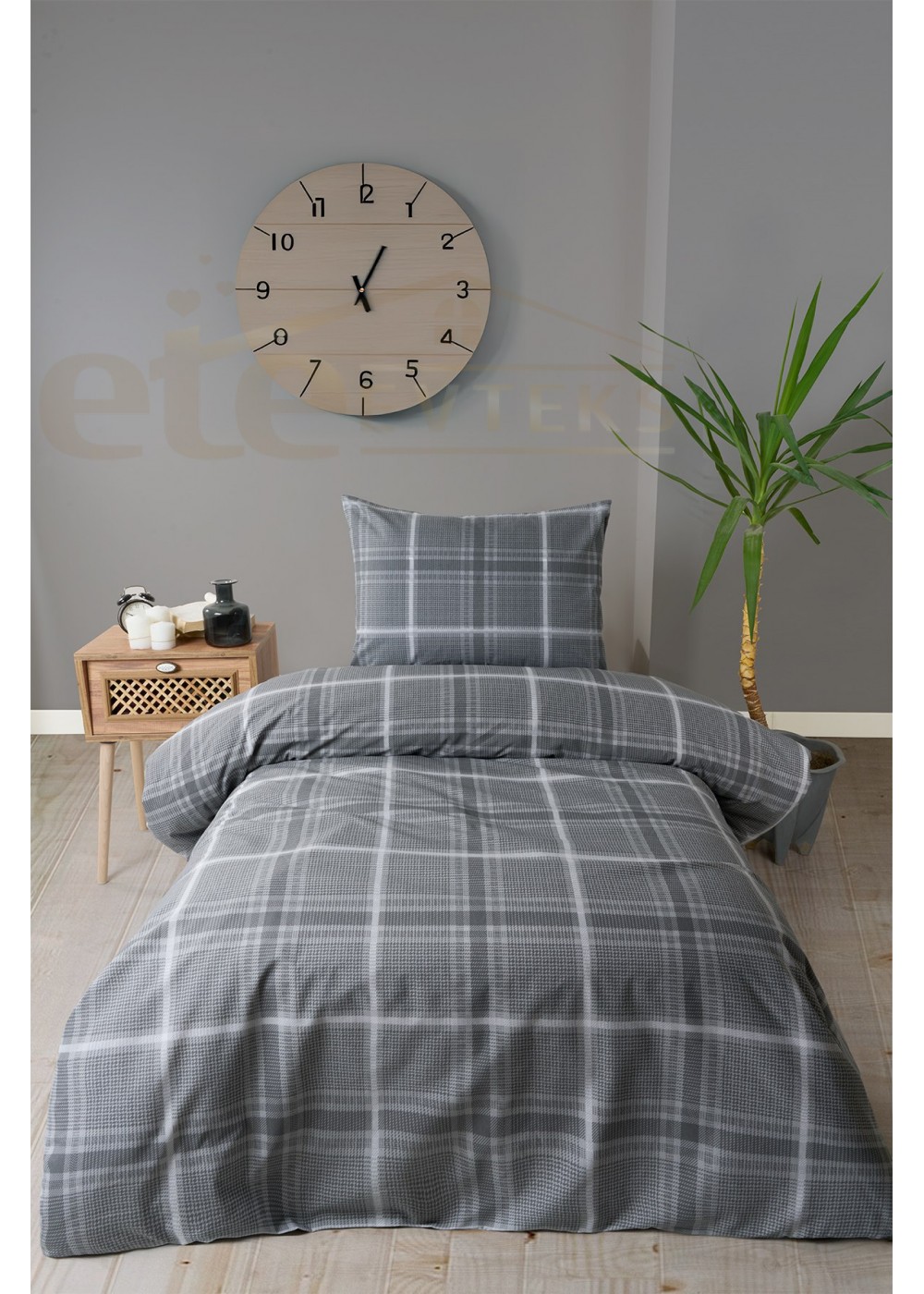 ETEHOMETEX Tek Kişilik Ranforce Pamuklu Lastikli Çarşaflı Nevresim Takımı SAFİR GRİ 8696474232050